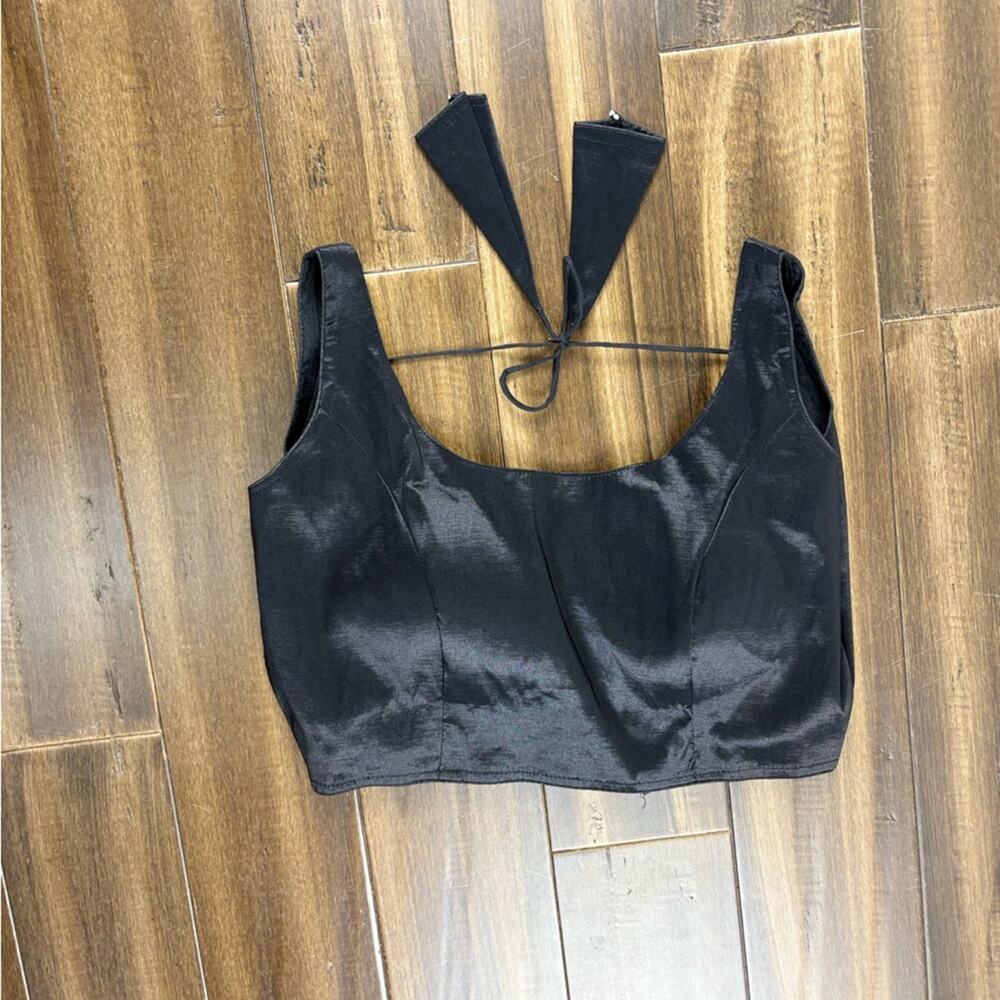 Size L Black Satin Crop Top Corset Bustier Padding Hook and Eye Tie Back
